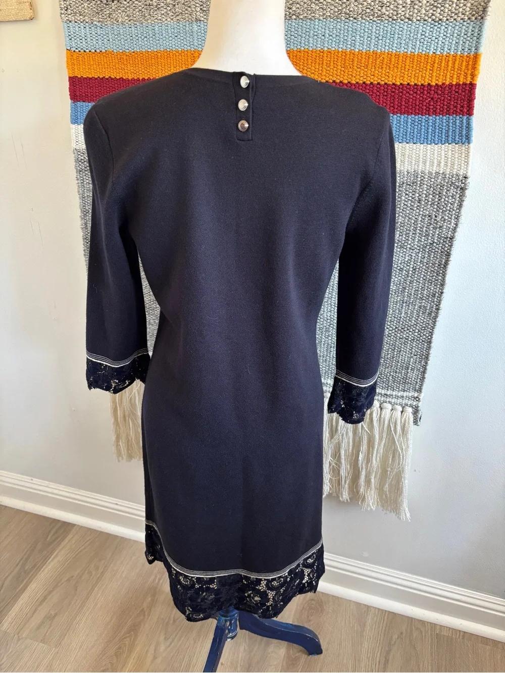 Tory Burch Navy Dress with Velvet Lace Trim Midi Dress